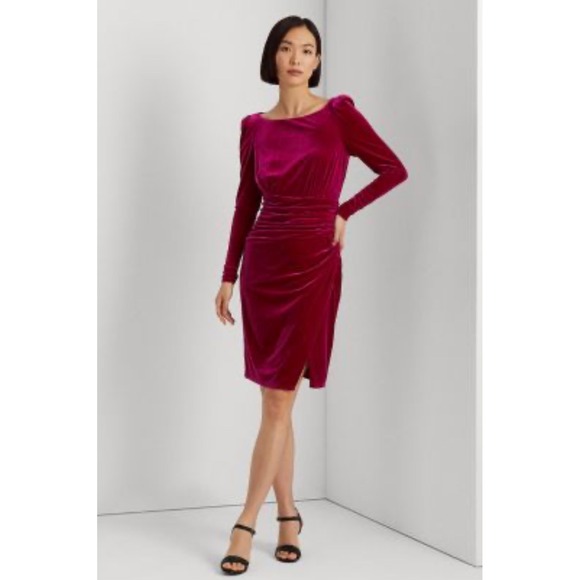 Lauren Ralph Lauren Velvet Dress Purple Long Sleeve Ruched Slit Size 14 - Picture 1 of 15